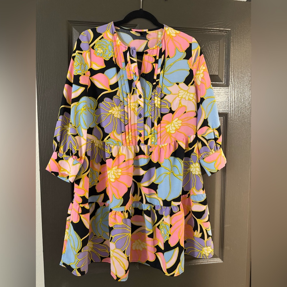 Who What Wear Black Floral Mini Dress with Pink & Blue Blooms